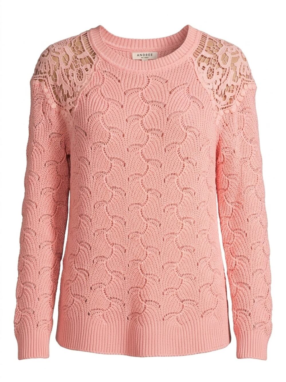 ANDRÉE BY UNIT Blush Pink Lace Panel Crochet Knit Sweater - L
